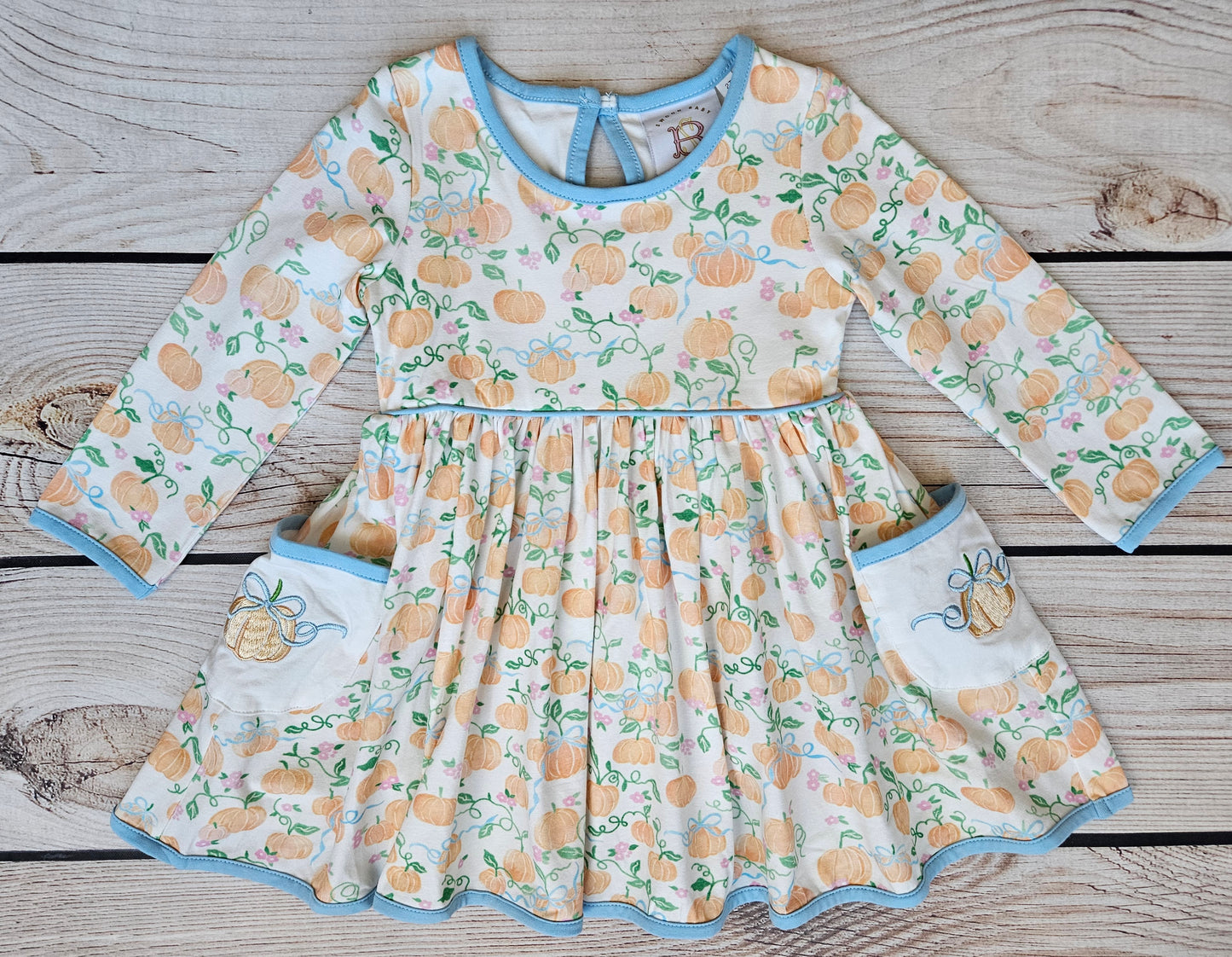 Swoon Baby Fall Bow Pumpkin Embroidery Pocket Dress Style 23-51