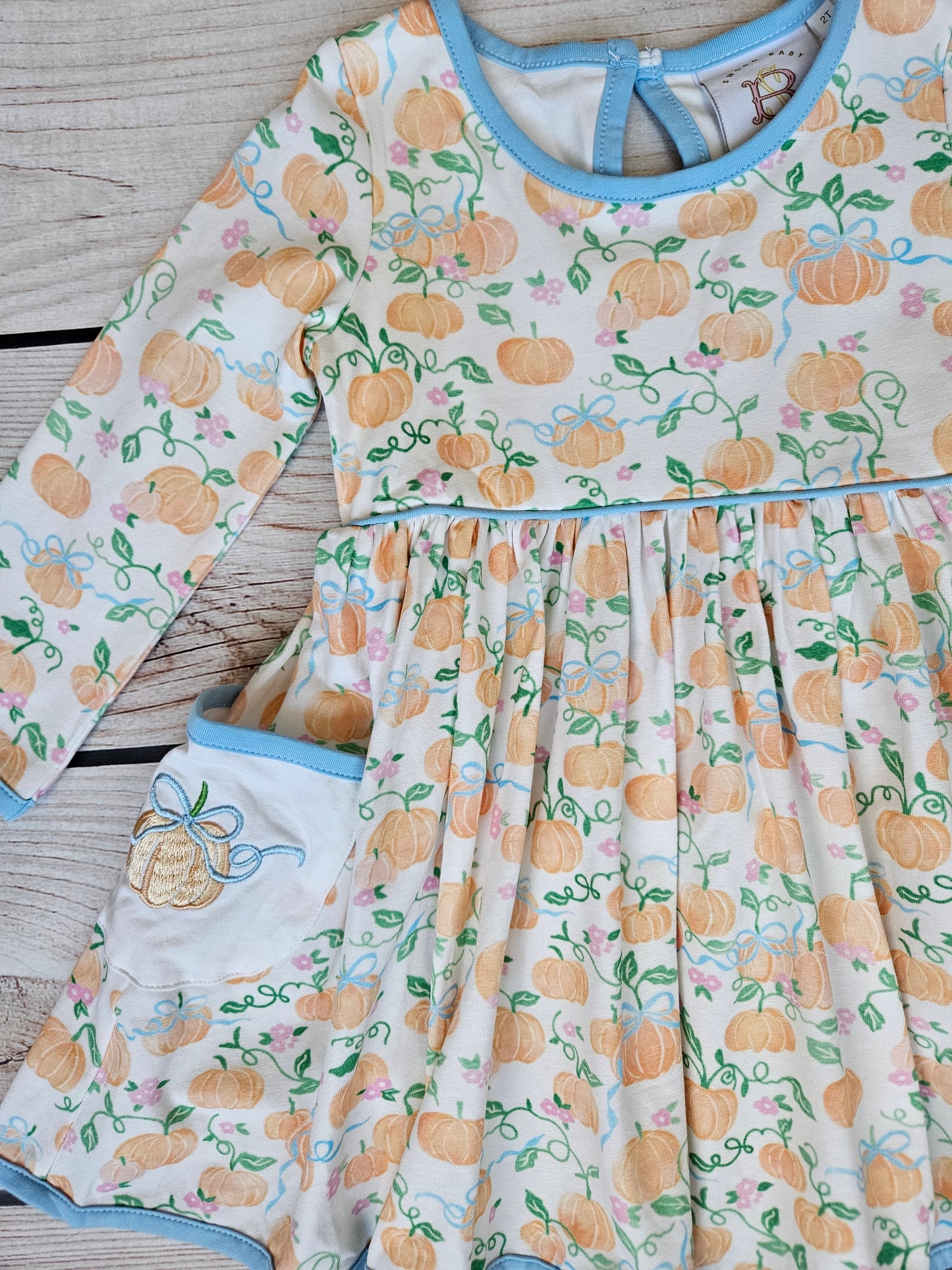 Swoon Baby Fall Bow Pumpkin Embroidery Pocket Dress Style 23-51