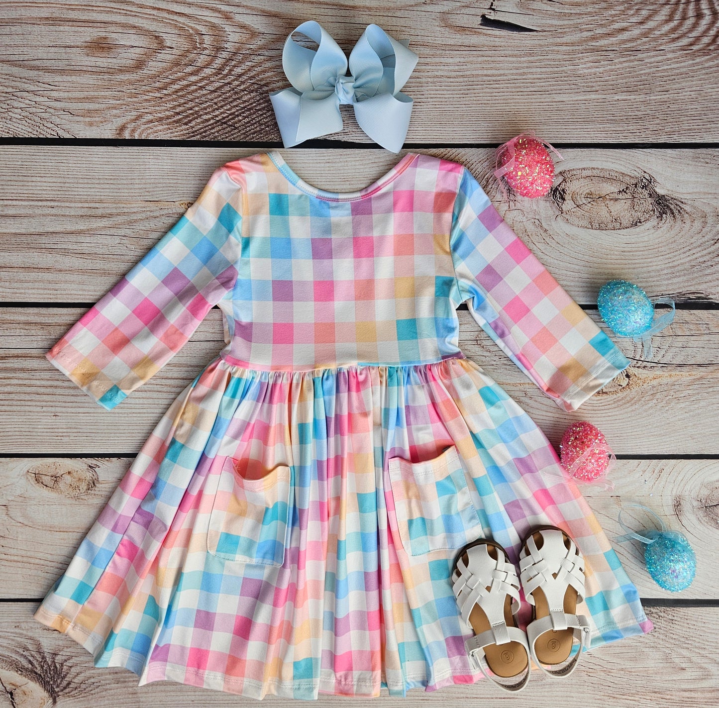 Mila & Rose Pastel Plaid 3/4 Sleeve Pocket Twirl Dress