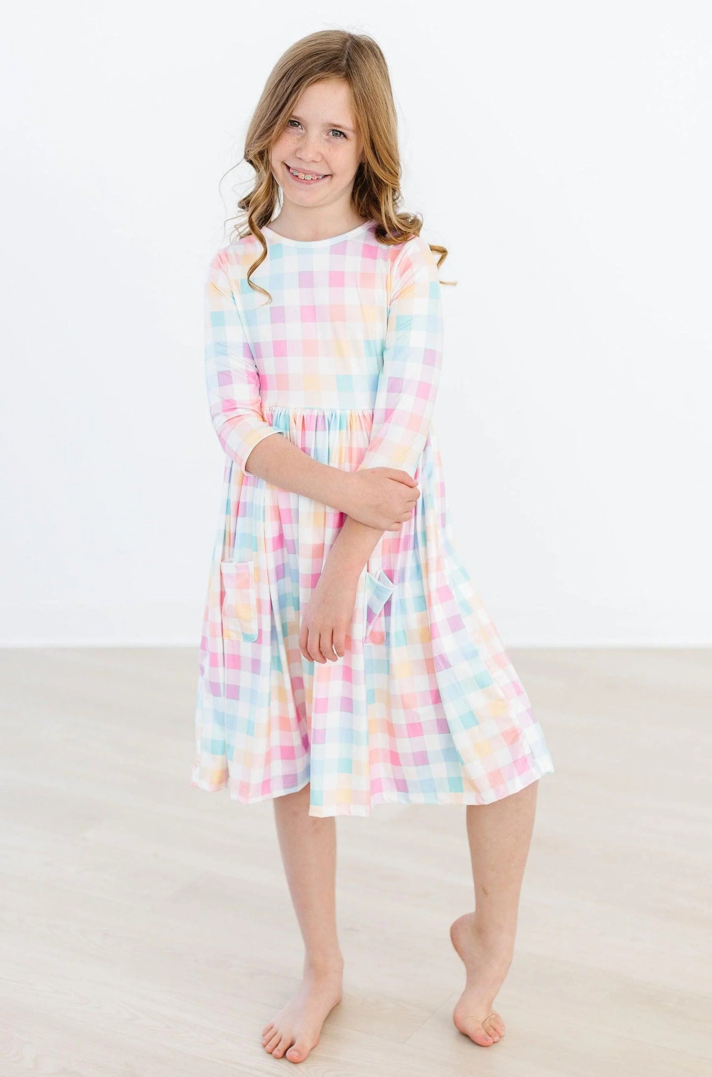 Mila & Rose Pastel Plaid 3/4 Sleeve Pocket Twirl Dress