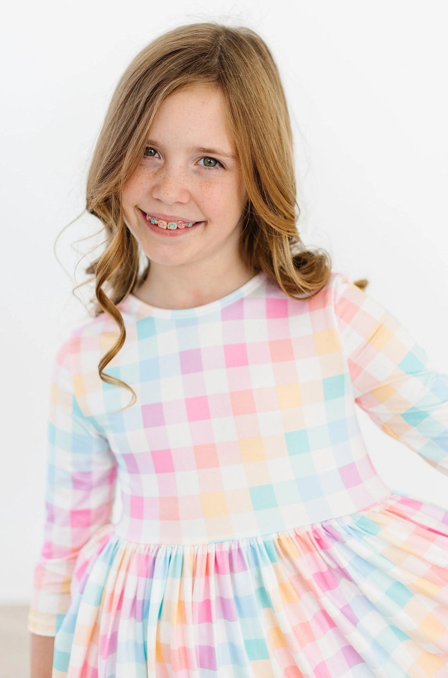 Mila & Rose Pastel Plaid 3/4 Sleeve Pocket Twirl Dress