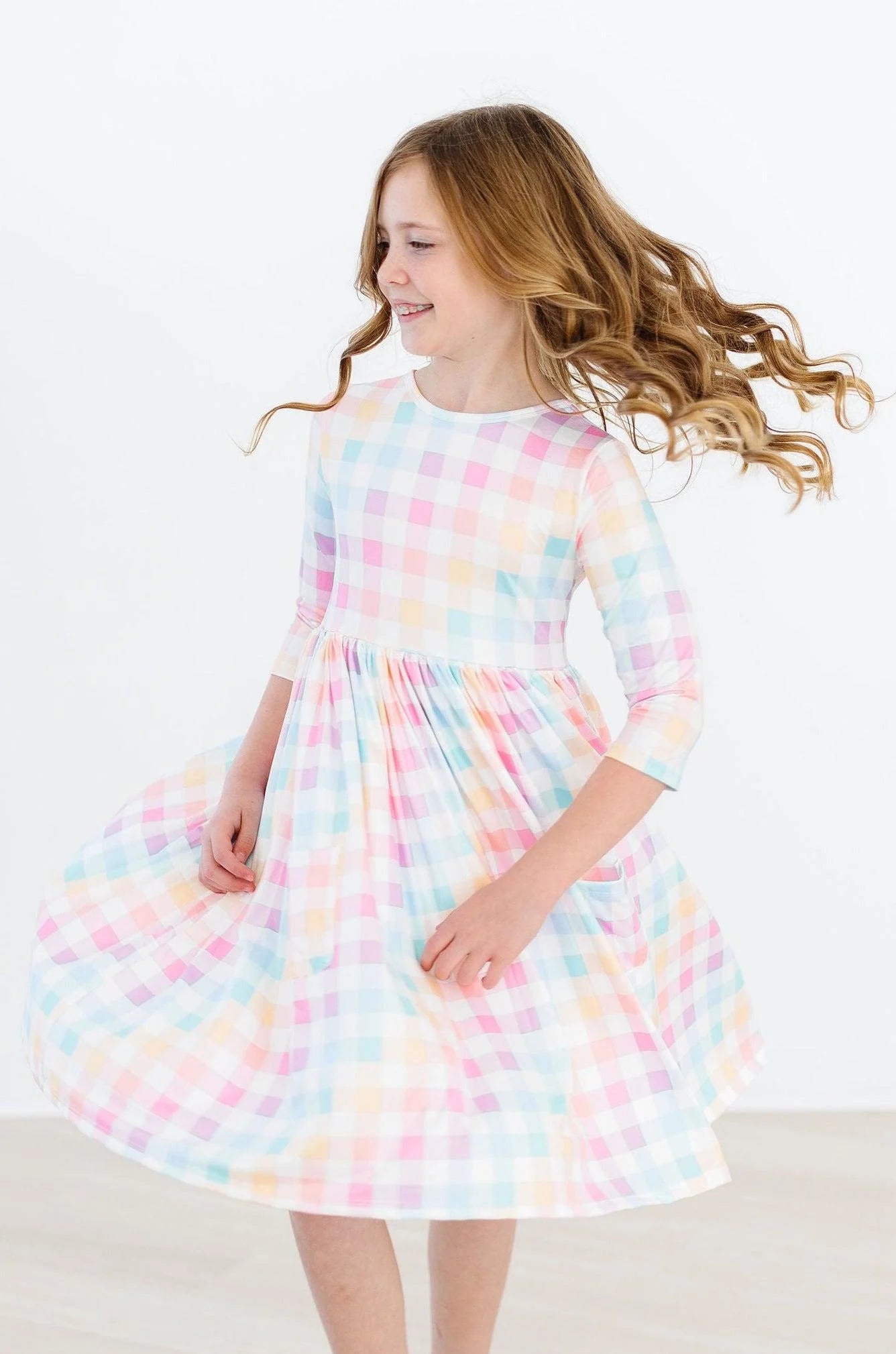 Mila & Rose Pastel Plaid 3/4 Sleeve Pocket Twirl Dress