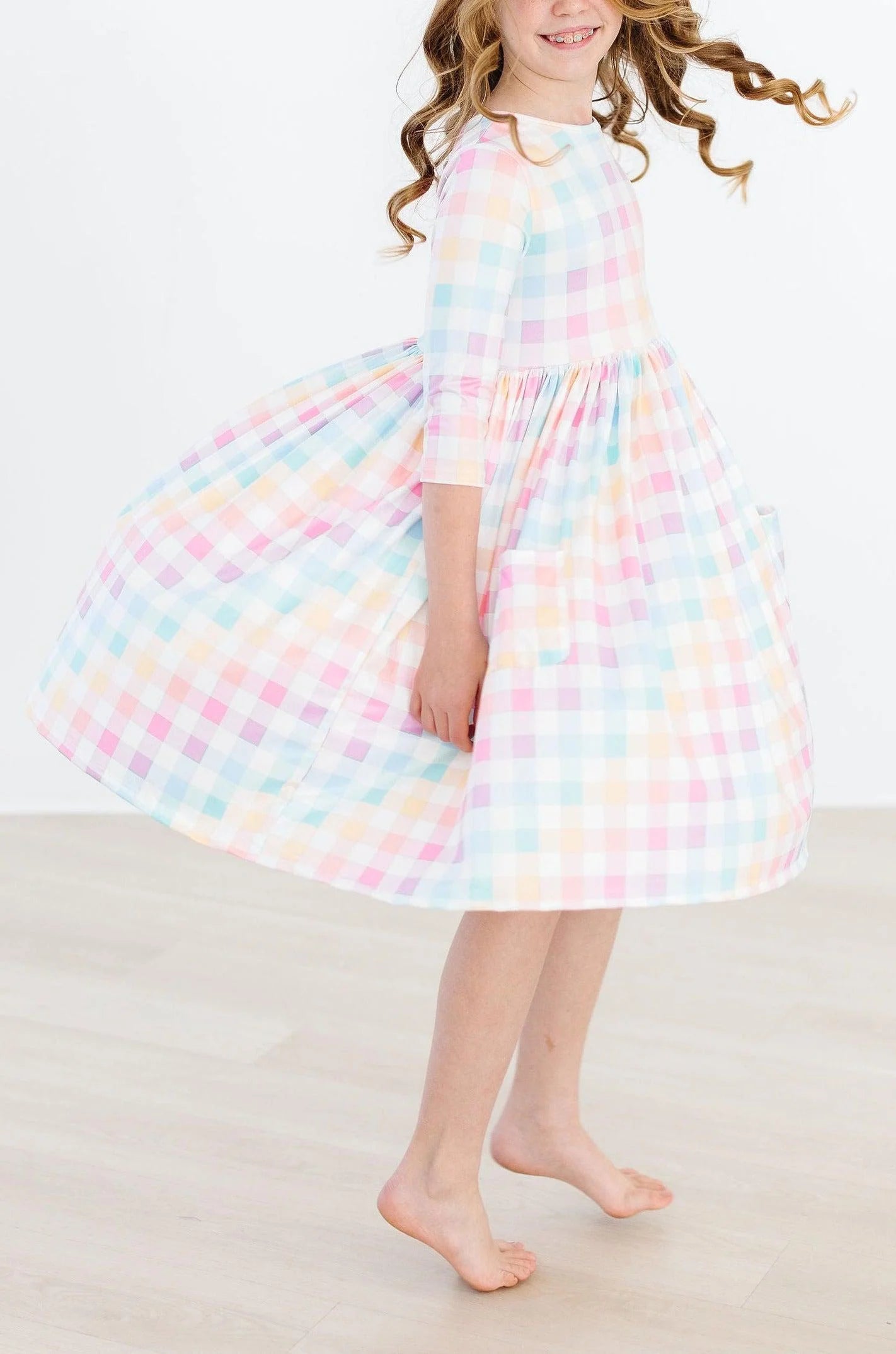 Mila & Rose Pastel Plaid 3/4 Sleeve Pocket Twirl Dress