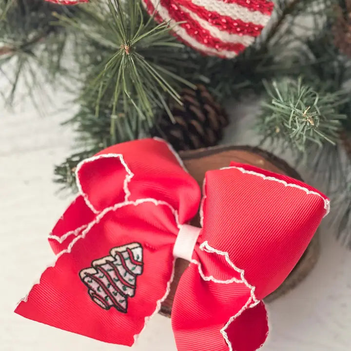 Christmas Tree Cake Embroidered Moonstitch Hair Bow