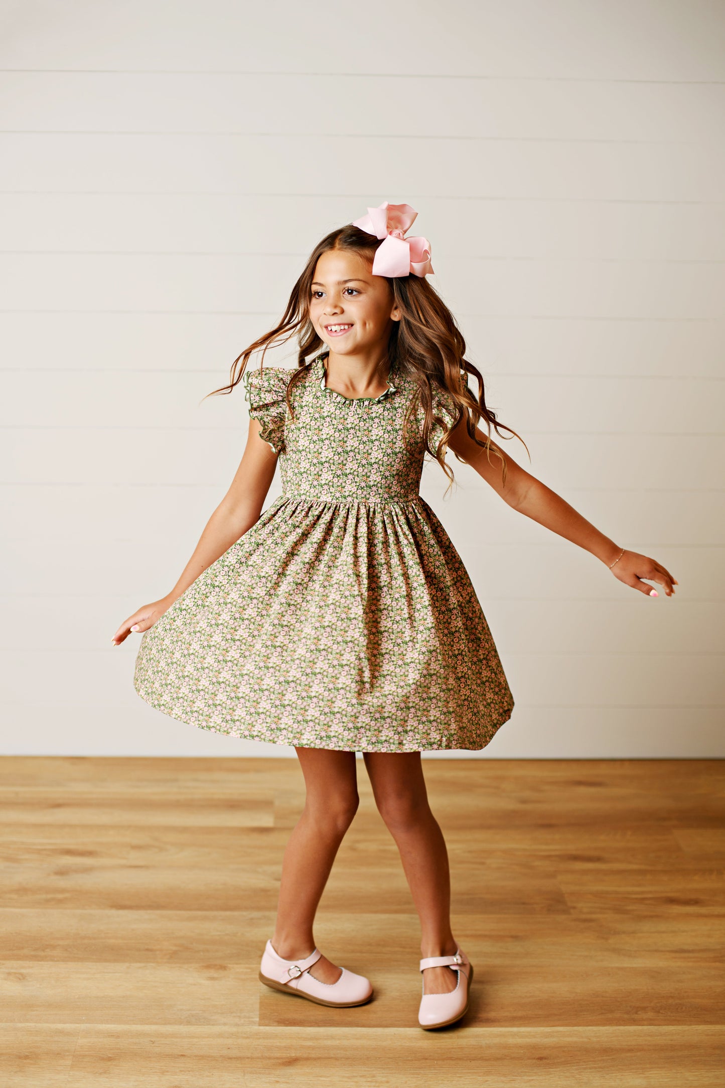 Swoon Kids Vintage Olive Floral Flutter Dress Style FW2512