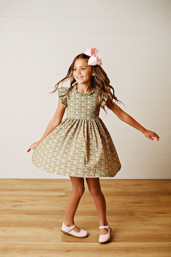 Swoon Kids Vintage Olive Floral Flutter Dress Style FW2512