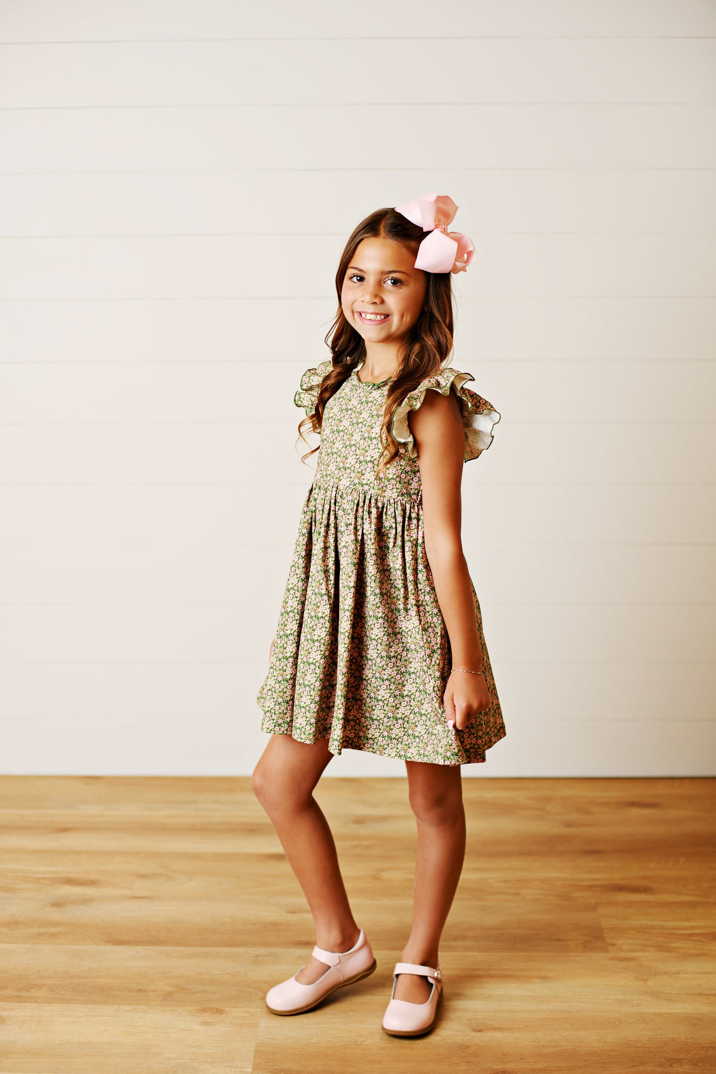 Swoon Kids Vintage Olive Floral Flutter Dress Style FW2512
