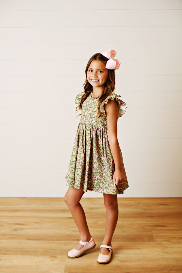 Swoon Kids Vintage Olive Floral Flutter Dress Style FW2512