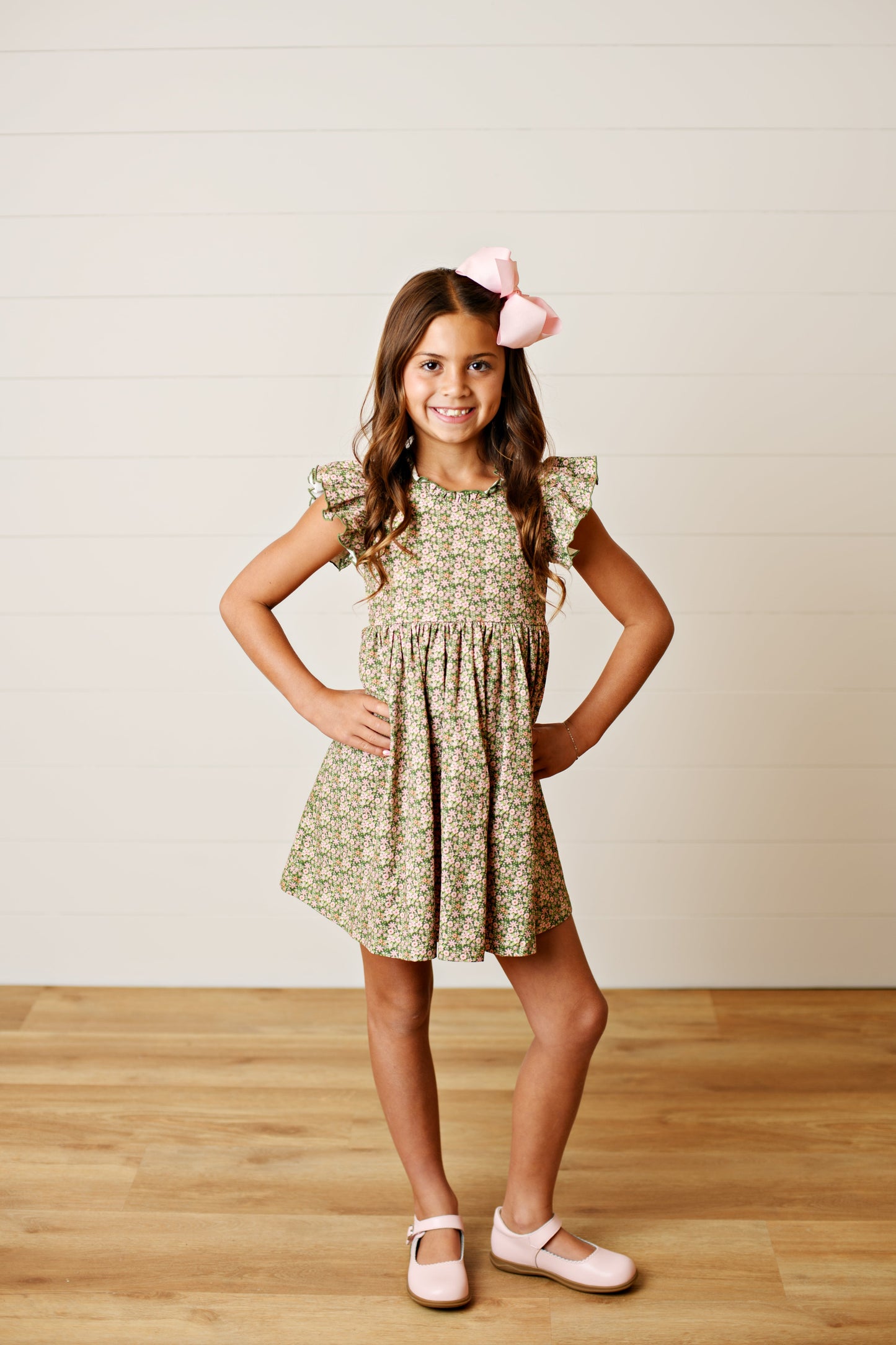 Swoon Kids Vintage Olive Floral Flutter Dress Style FW2512