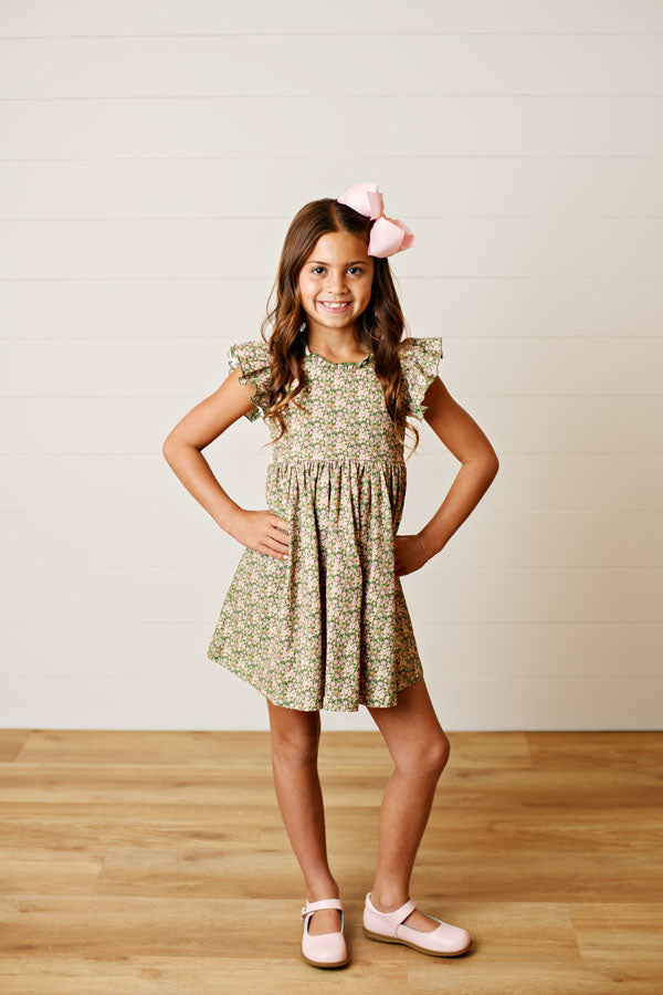 Swoon Kids Vintage Olive Floral Flutter Dress Style FW2512