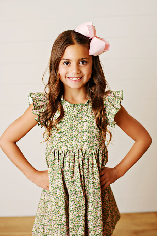 Swoon Kids Vintage Olive Floral Flutter Dress Style FW2512