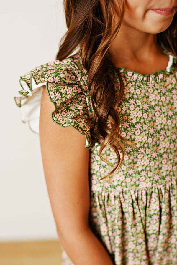 Swoon Kids Vintage Olive Floral Flutter Dress Style FW2512