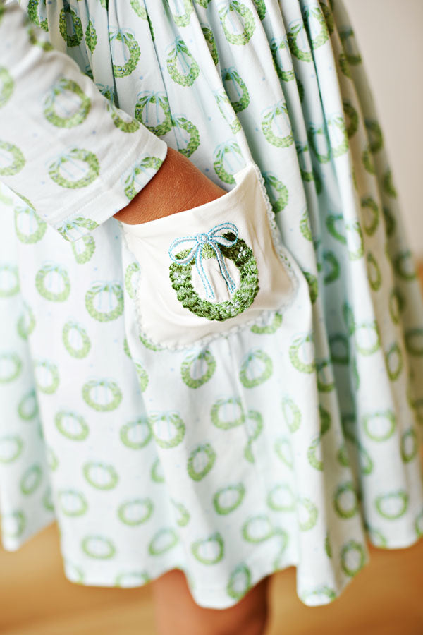 Swoon Kids Merry Wreath Embroidered Pocket Dress Style FW2560
