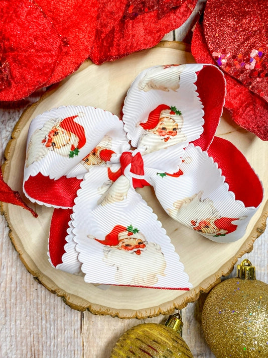 Scalloped Santa Print Red Glitter Hair Bow
