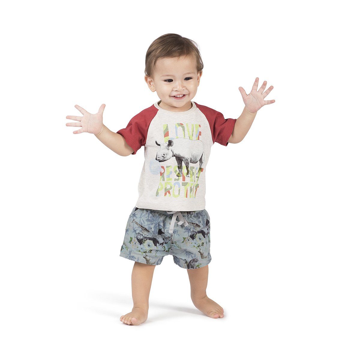 Little Wings Love Respect Protect Rhino T-Shirt and Hawaiian Print Shorts Set