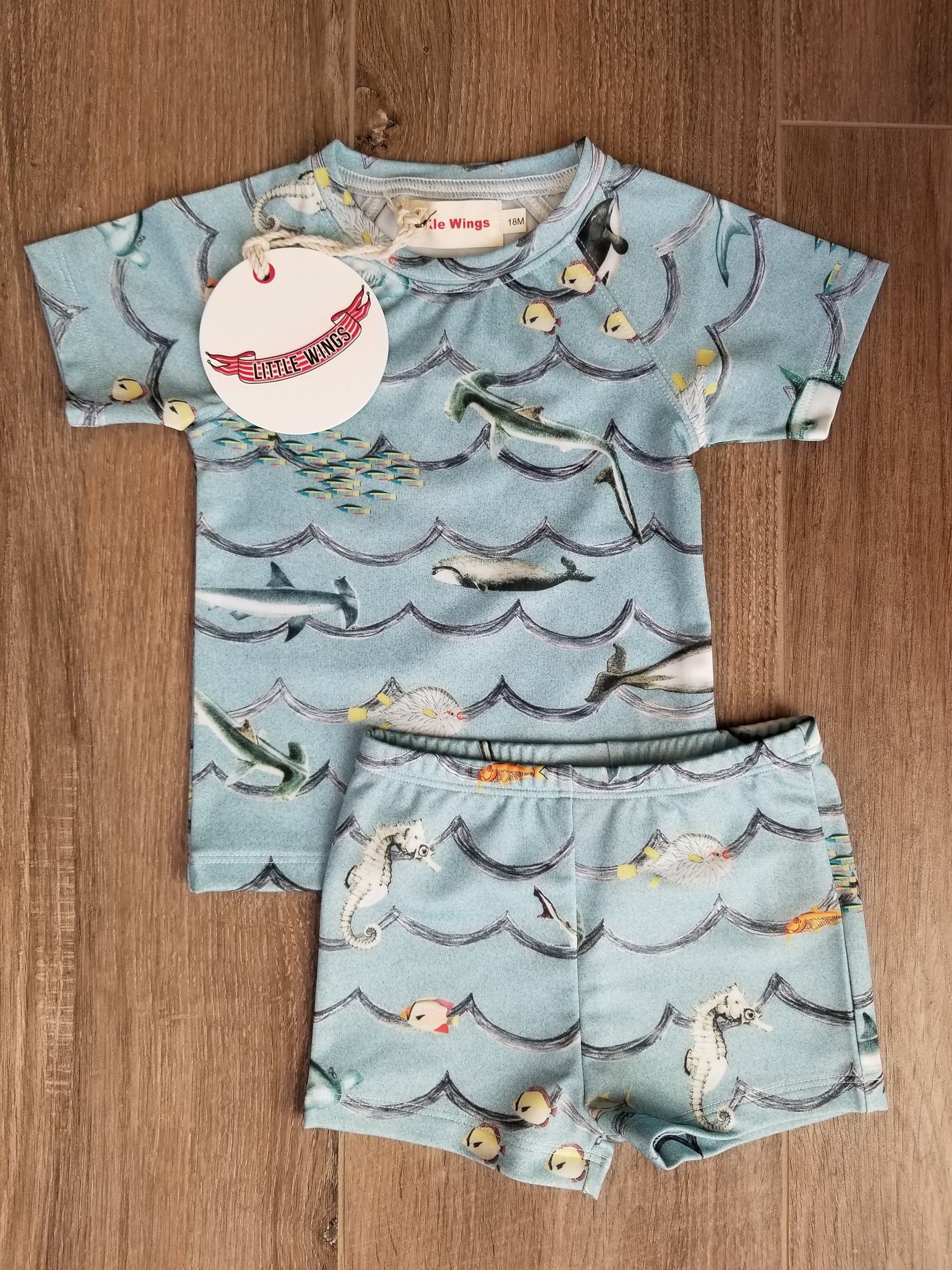Little Wings by Paper Wings Waves Short Sleeve Rash Guard Swimsuit Set