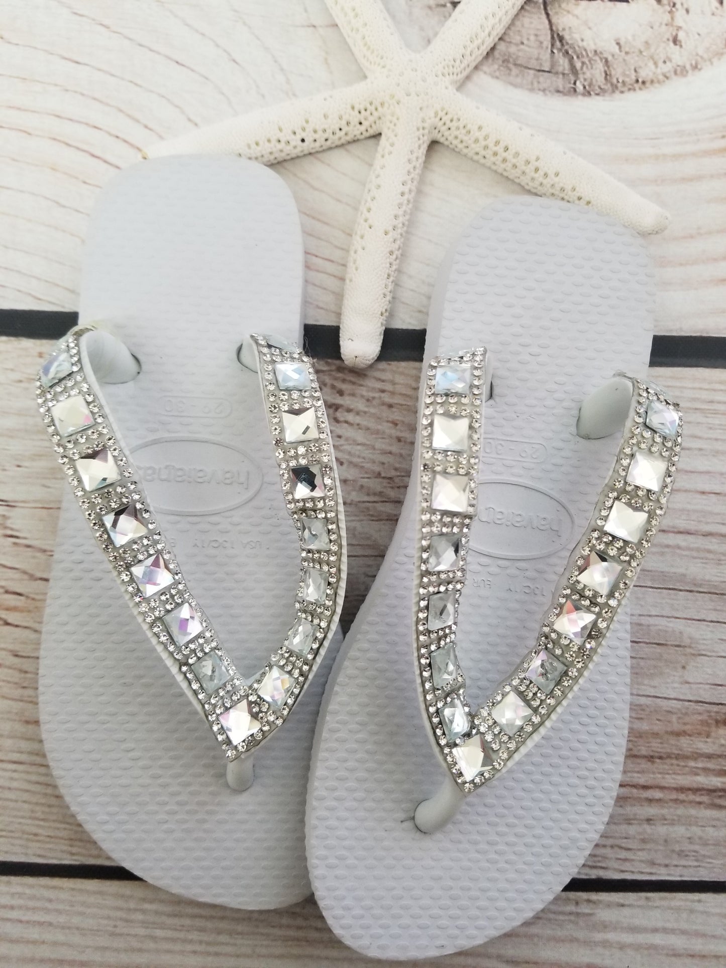 Planet Sea Diamond Silver Clear Stones Flip Flops