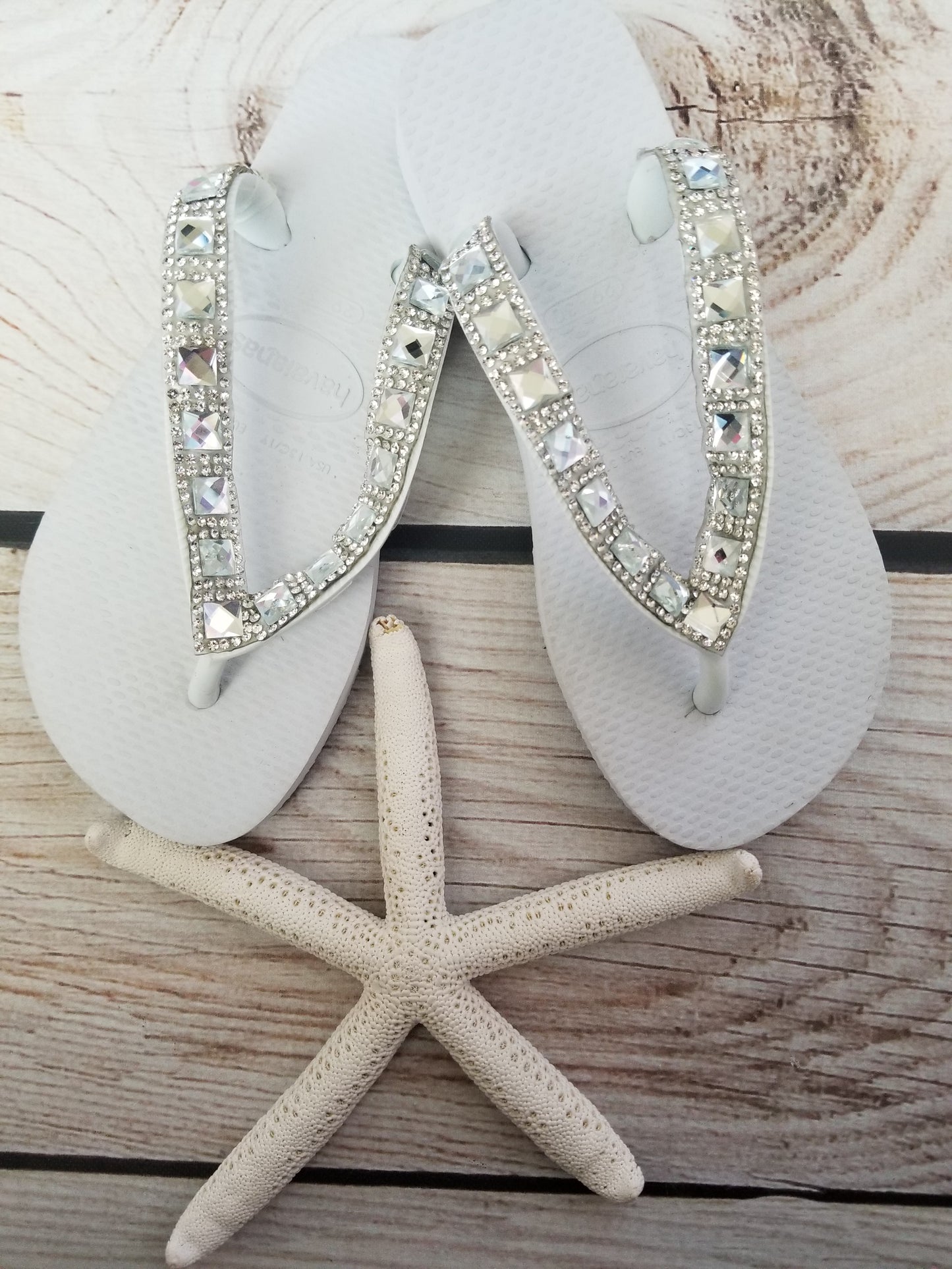 Planet Sea Diamond Silver Clear Stones Flip Flops