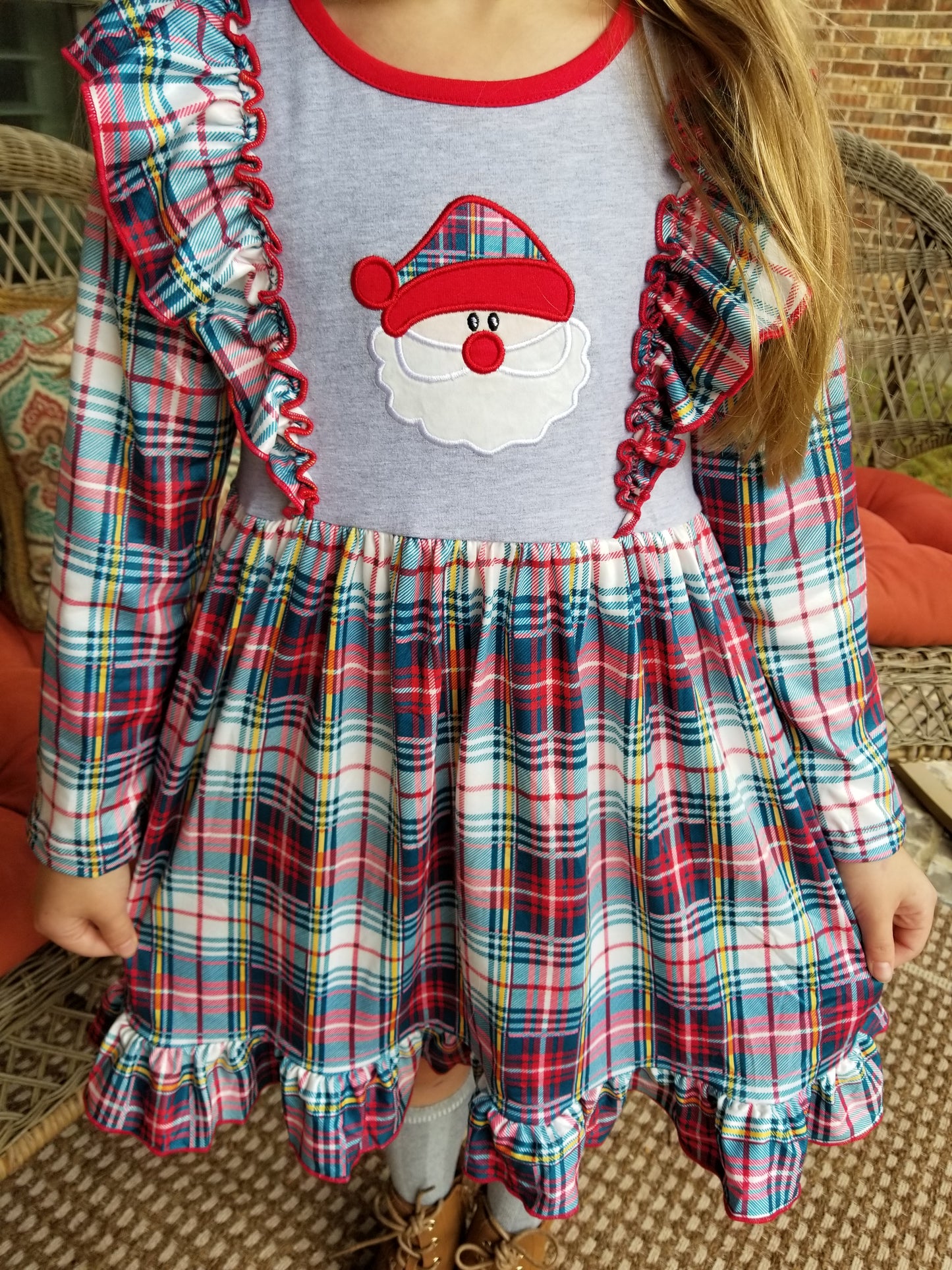 Girls Santa Applique Grey Plaid Ruffled Dress