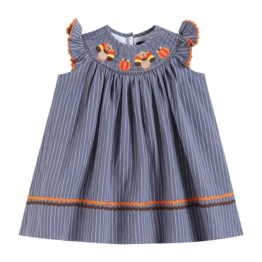 Lil Cactus Gray Blue Smocked Turkey & Pumpkins Bishop Dress