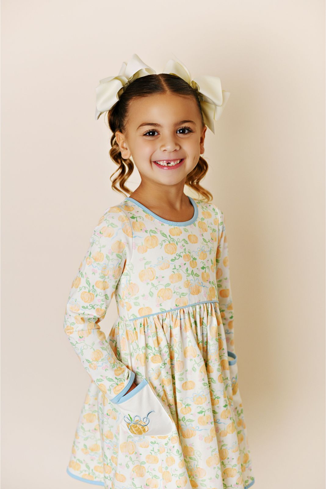 Swoon Baby Fall Bow Pumpkin Embroidery Pocket Dress Style 23-51