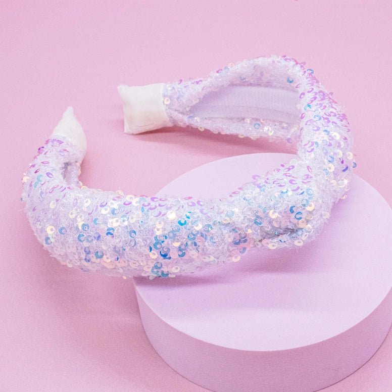 Frog Sac Sparkly Sequin Knot Headband - White