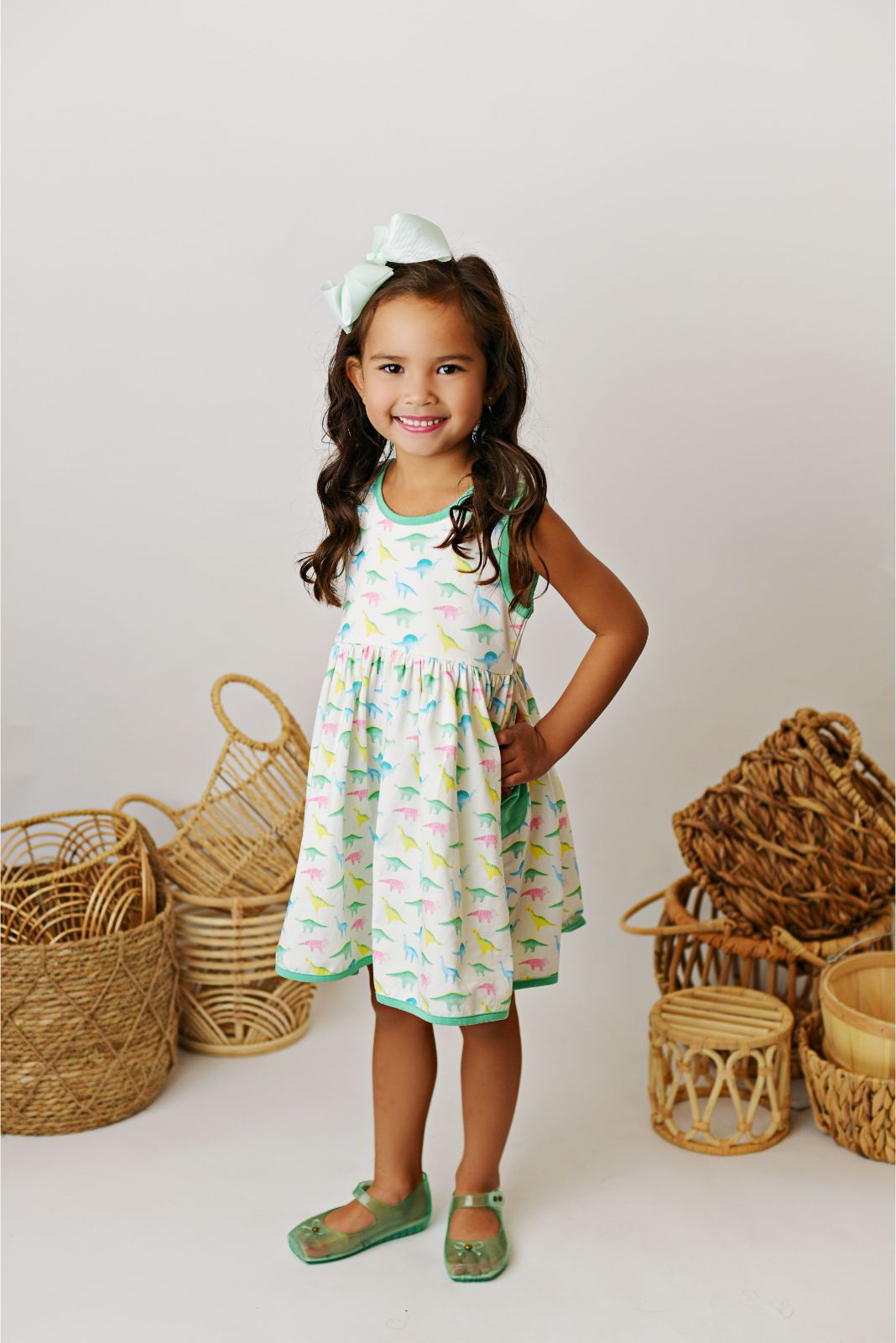 Swoon Baby Watercolor Dino Peony Bow Pocket Dress Style 23-56