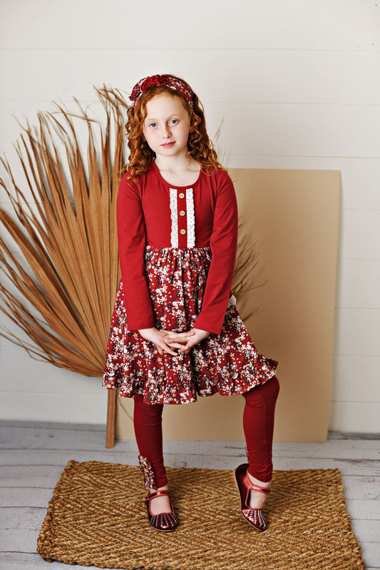 Serendipity Crimson Bloom Floral Pocket Dress with Legging Style 21-51
