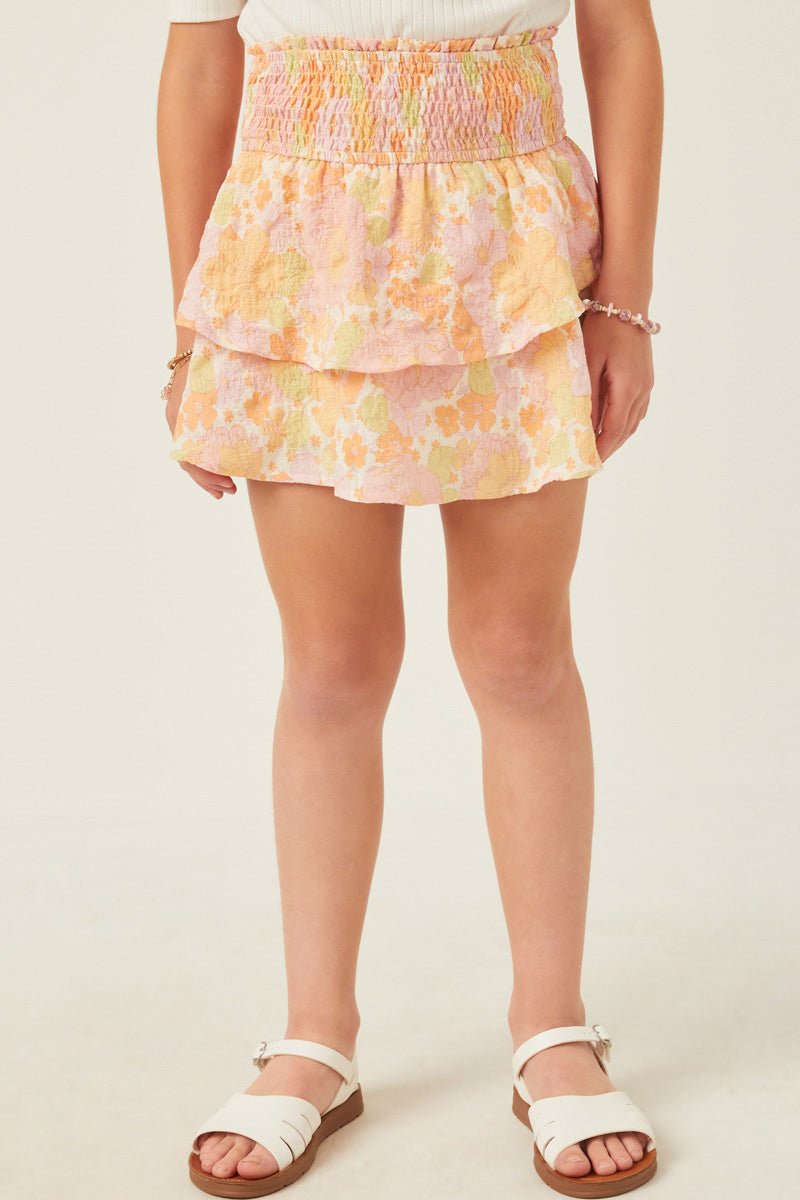 Hayden Girls Textured Floral Smocked Waist Layered Skirt - Pink