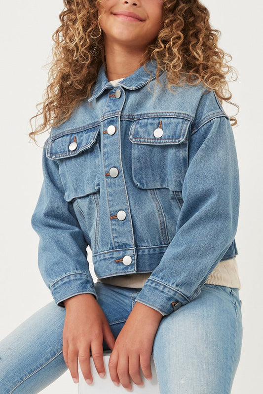 Hayden Girls Cargo Pocket Washed Denim Jacket