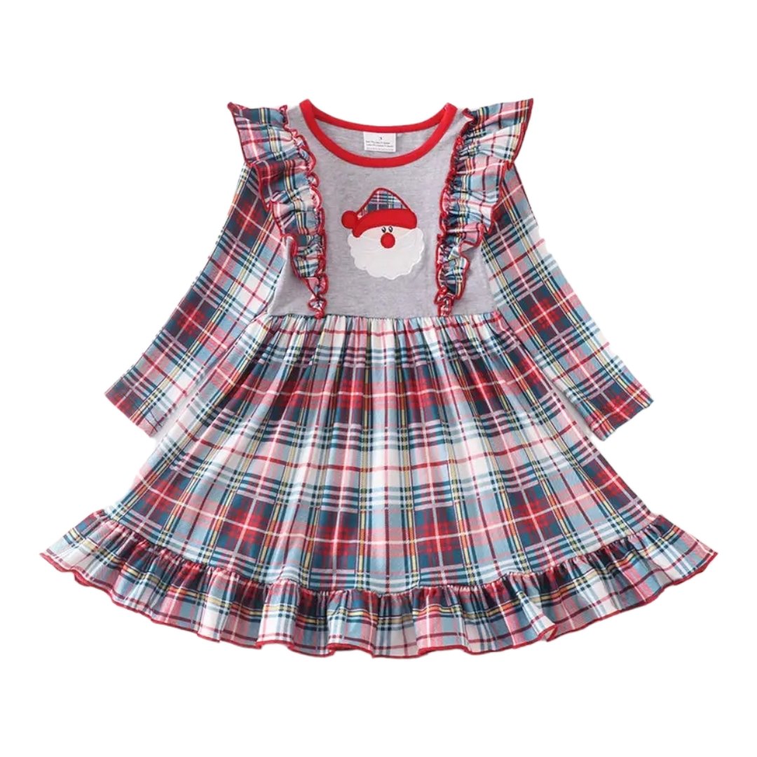 Girls Santa Applique Grey Plaid Ruffled Dress