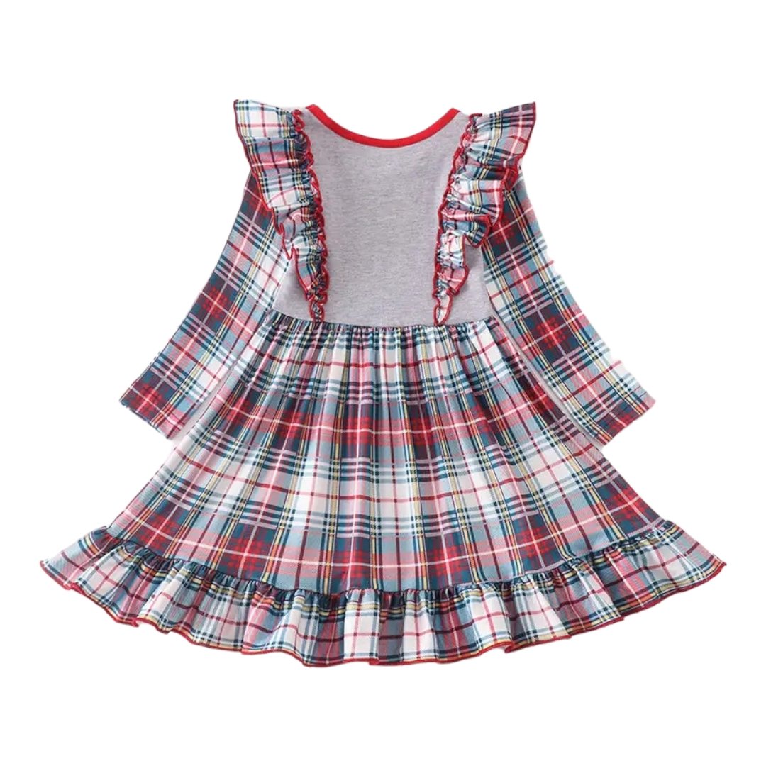 Girls Santa Applique Grey Plaid Ruffled Dress