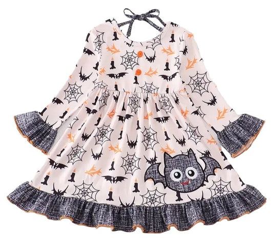 Girls Halloween Bat Applique Ruffle Twirl Dress