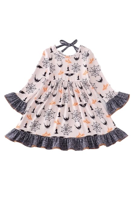 Girls Halloween Bat Applique Ruffle Twirl Dress