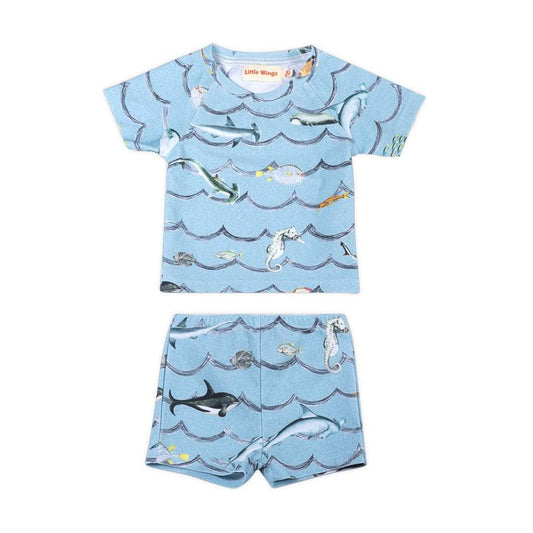 Little Wings by Paper Wings Waves Short Sleeve Rash Guard Swimsuit Set