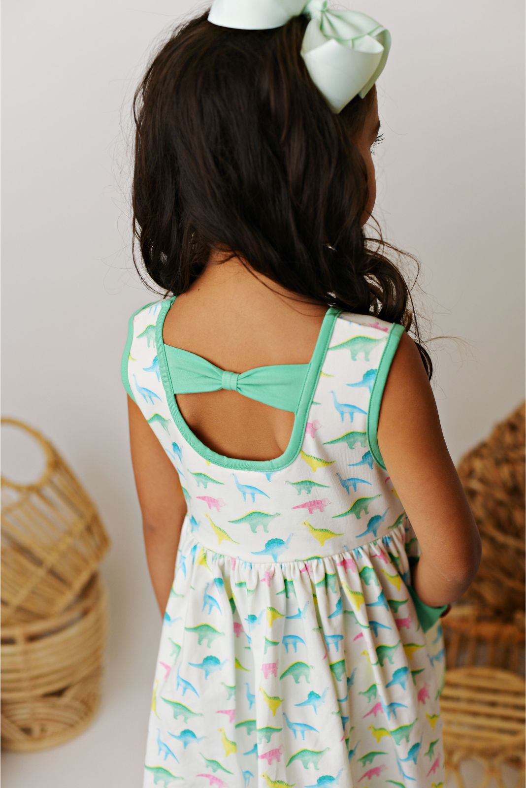 Swoon Baby Watercolor Dino Peony Bow Pocket Dress Style 23-56