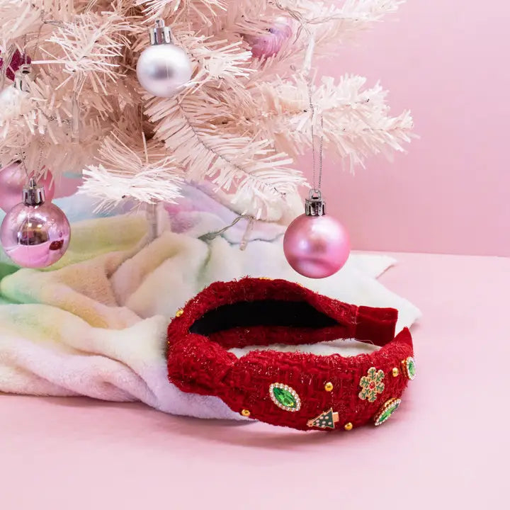 Frog Sac Embellished Christmas Knot Headband - Tweed Rhinestone