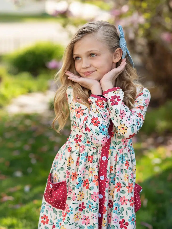 Adorable Sweetness Kids Cream & Burgundy Floral Ruffle Pocket Dress