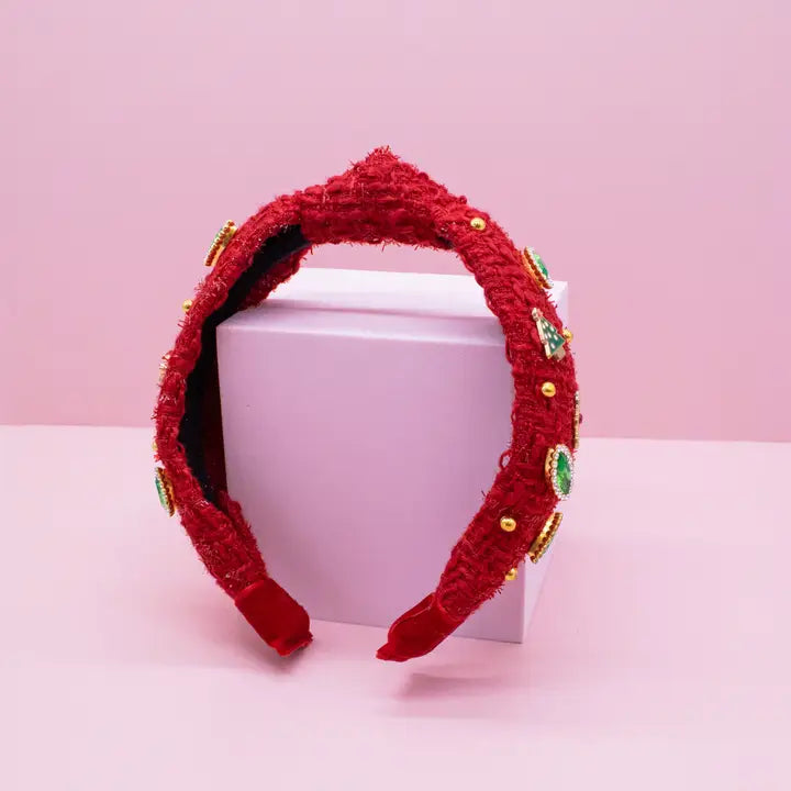 Frog Sac Embellished Christmas Knot Headband - Tweed Rhinestone