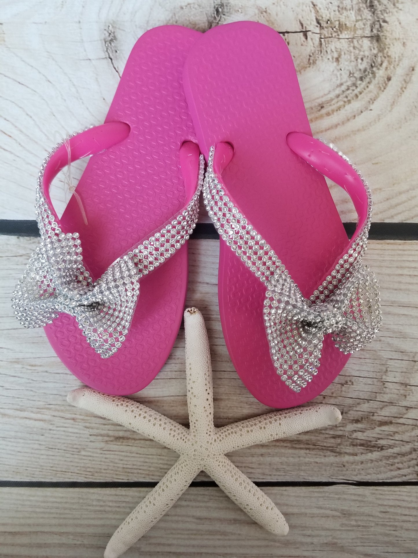 Planet Sea Hot Pink Silver Bow Flip Flops