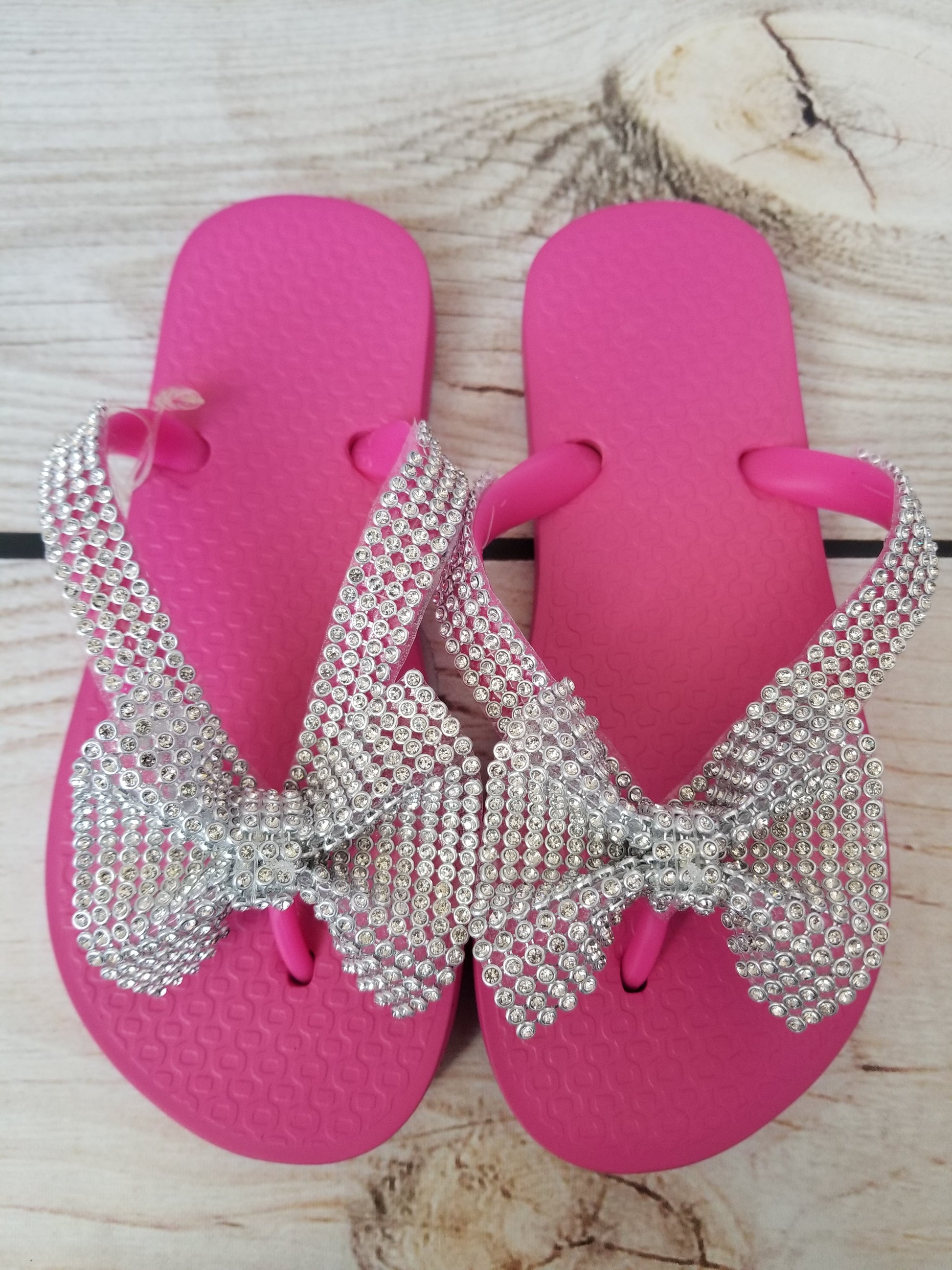 Planet Sea Hot Pink Silver Bow Flip Flops
