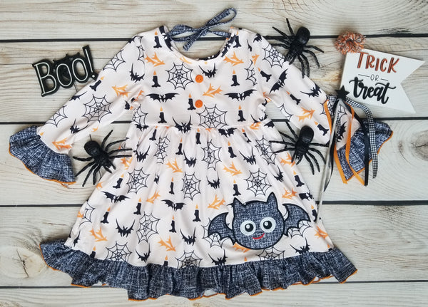 Girls Halloween Bat Applique Ruffle Twirl Dress