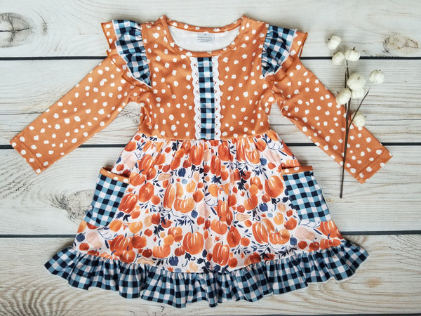 Girls Pumpkin Dot & Gingham Check Pocket Ruffle Dress