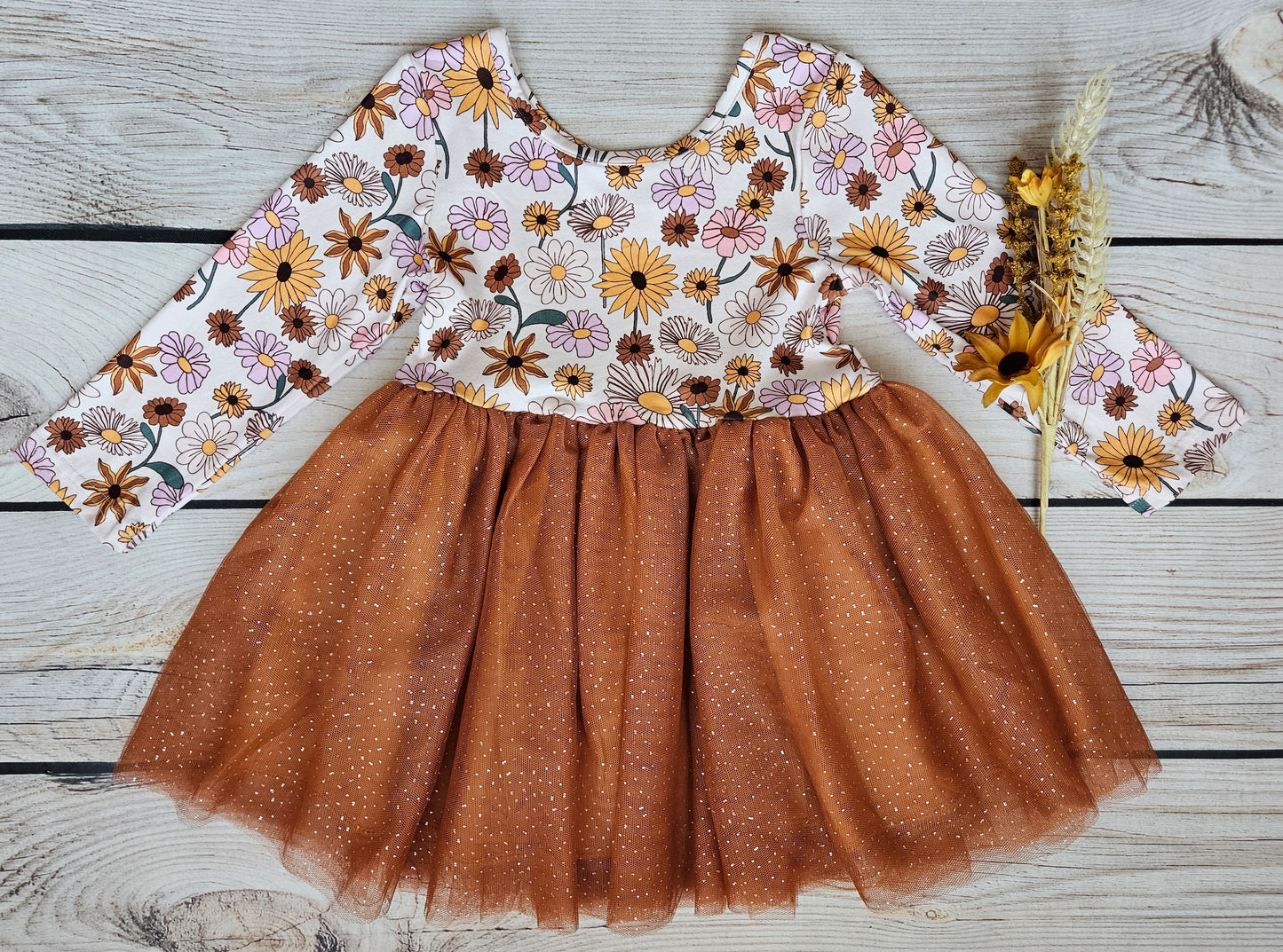 Girls Fall Flowers Boho Rust Tutu Twirl Dress