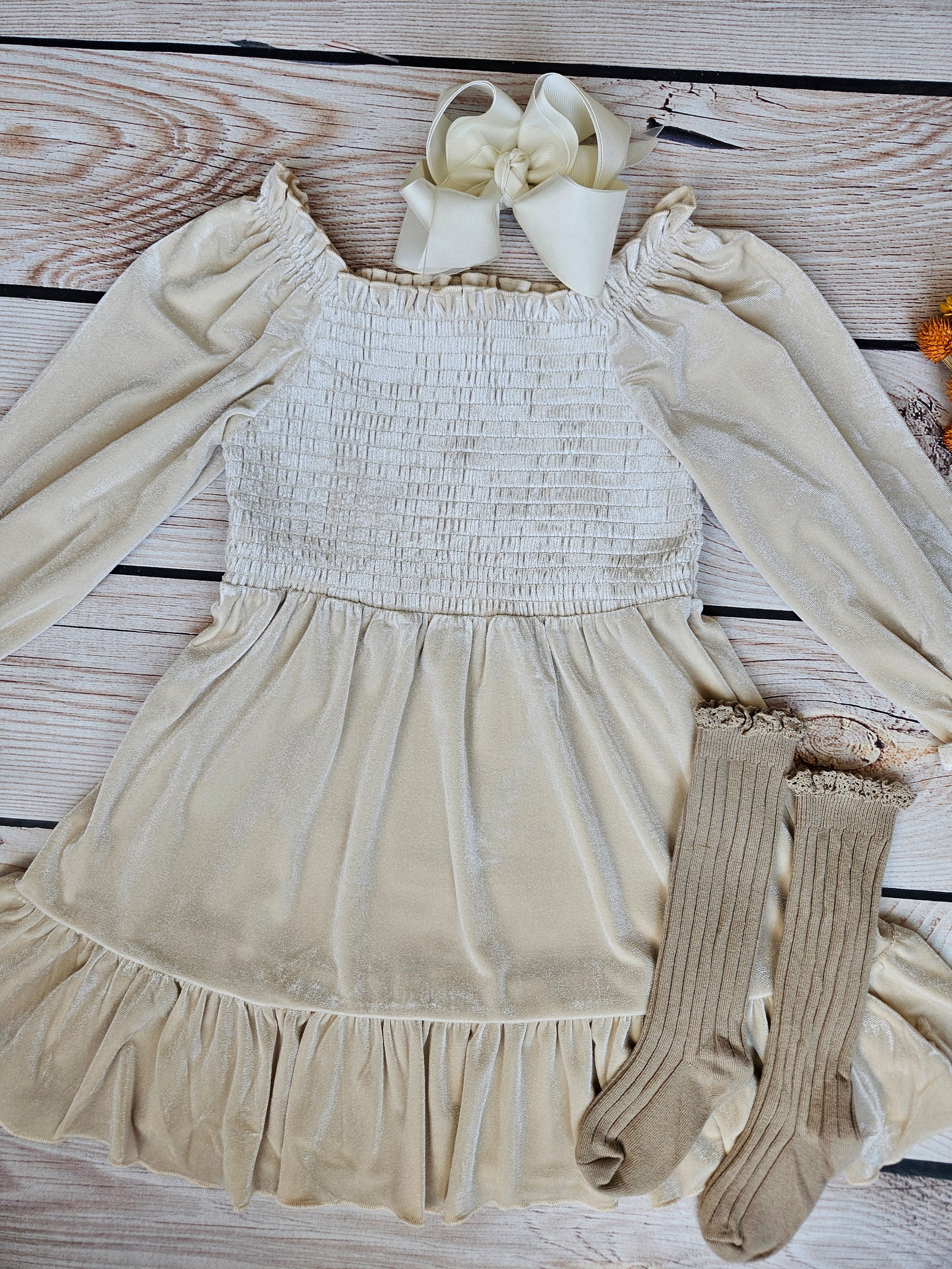 Ivory Velvet Smocked Vintage Inspired Twirl Dress