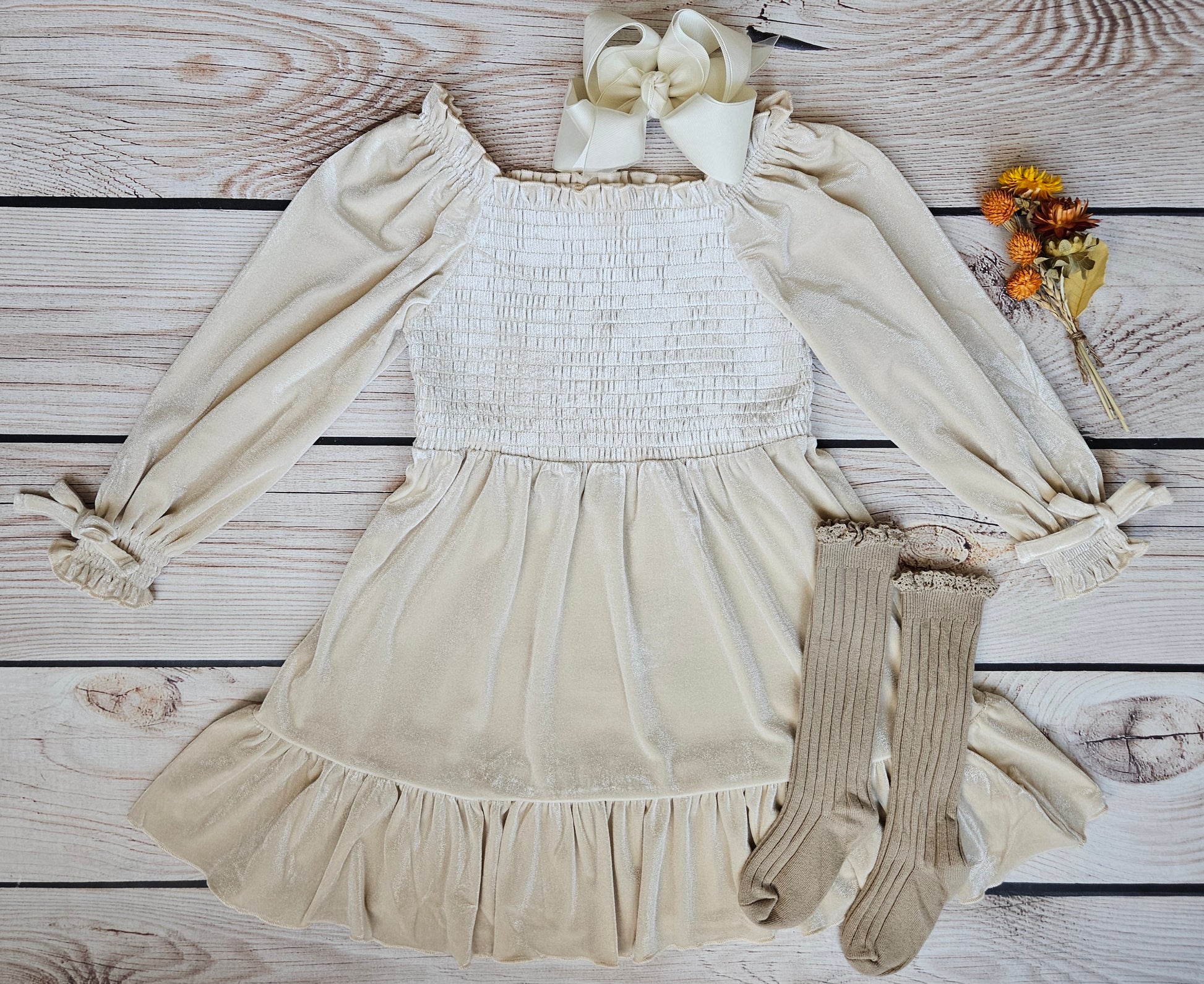 Ivory Velvet Smocked Vintage Inspired Twirl Dress