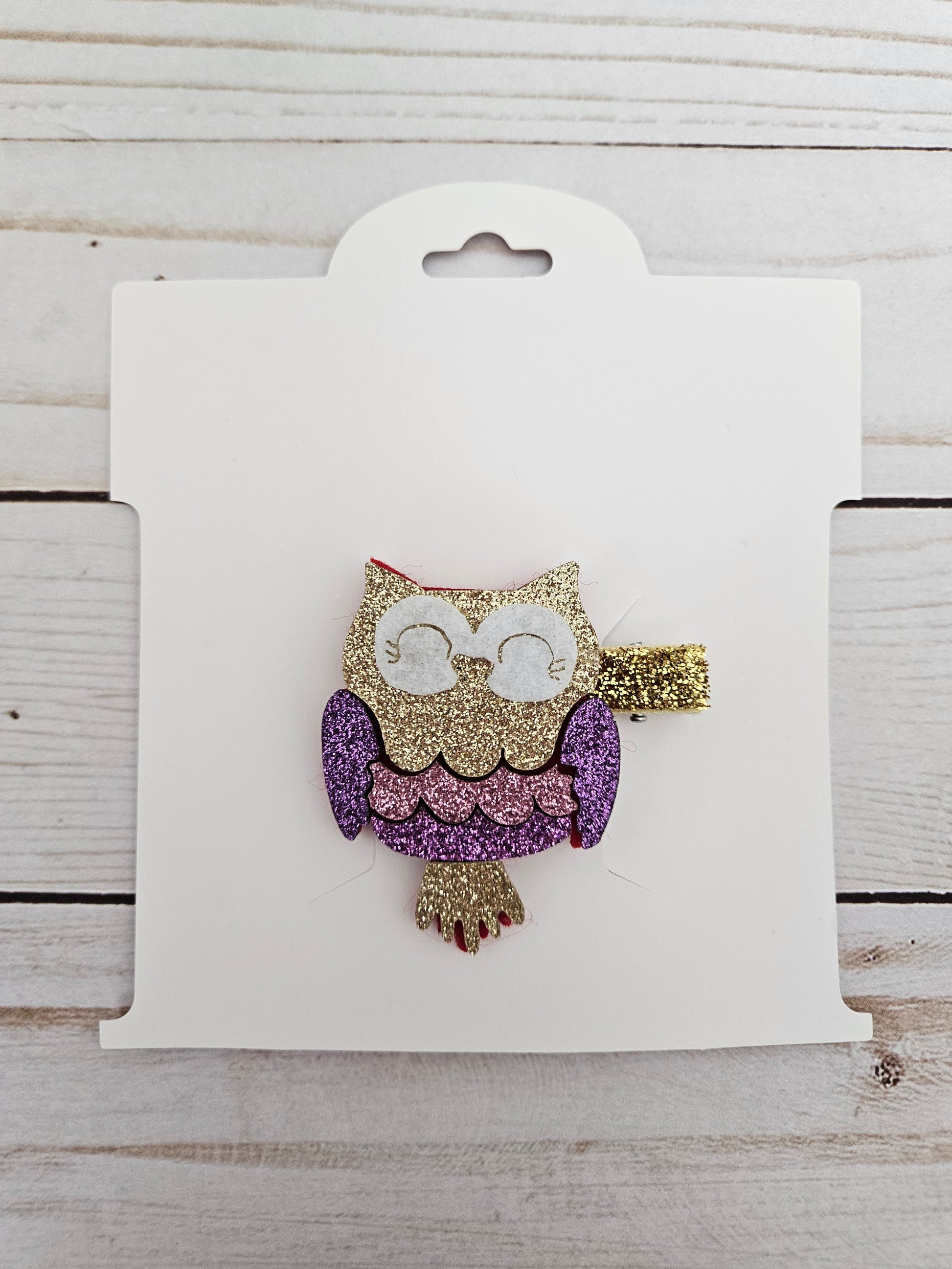 Purple & Gold Glitter Owl Pinch Clip