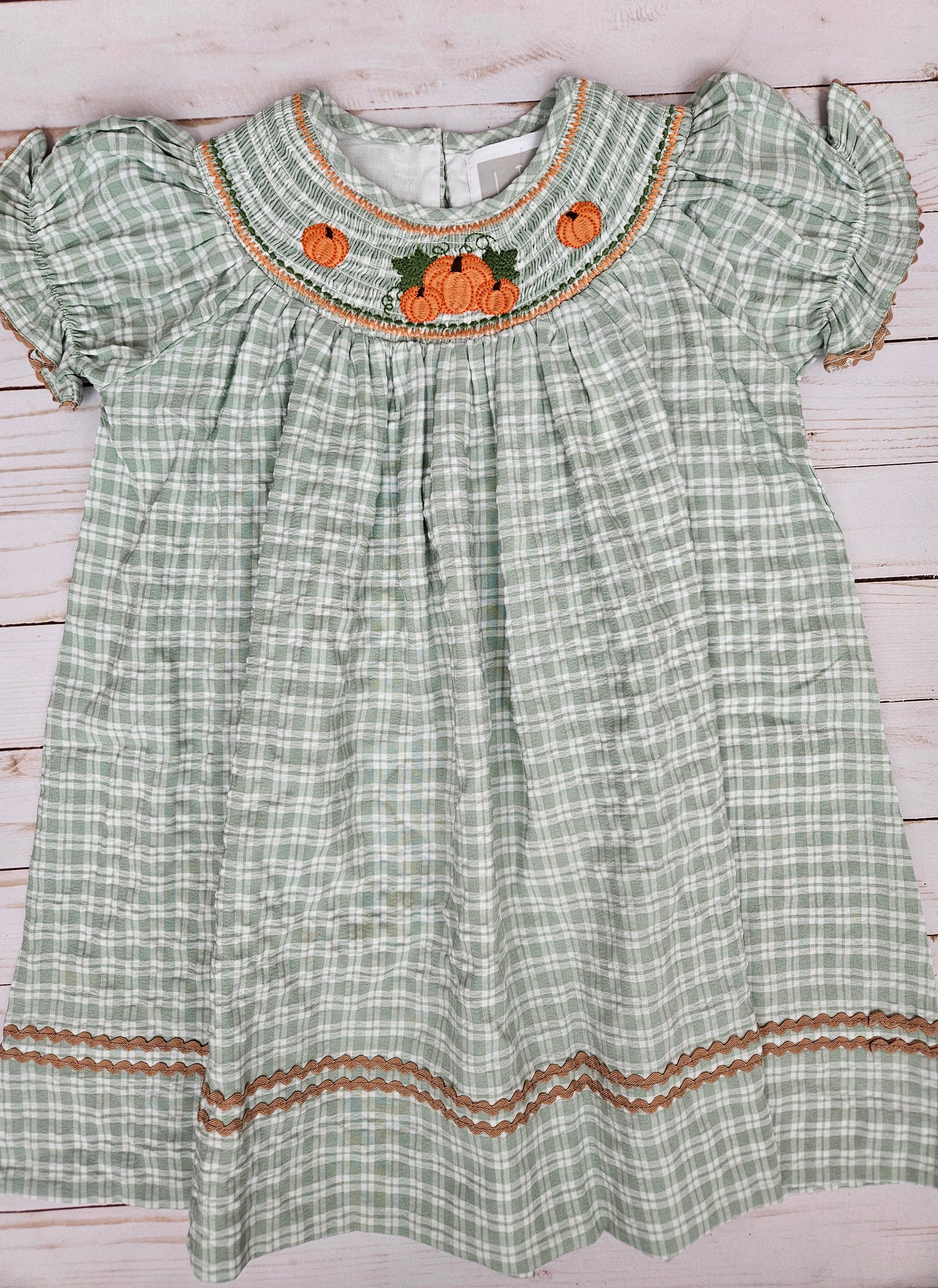 Lil Cactus Sage Green Plaid Pumpkin Smocked Bishop Dress