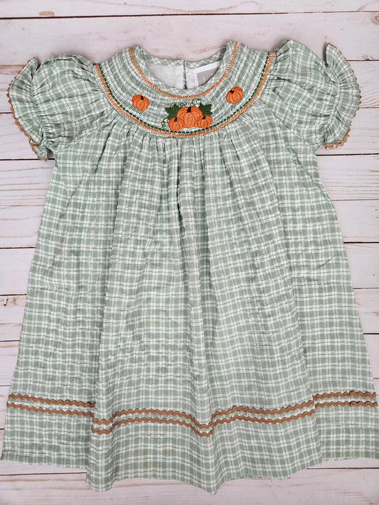 Lil Cactus Sage Green Plaid Pumpkin Smocked Bishop Dress