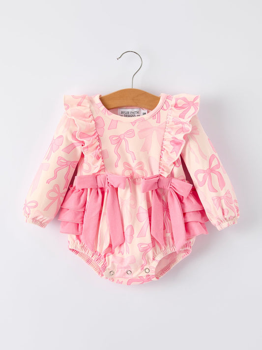 Rylee Faith Designs Girls Pink Bow Print Long Sleeves Romper